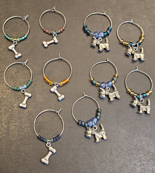 Dog and Bone Wine Charms x8